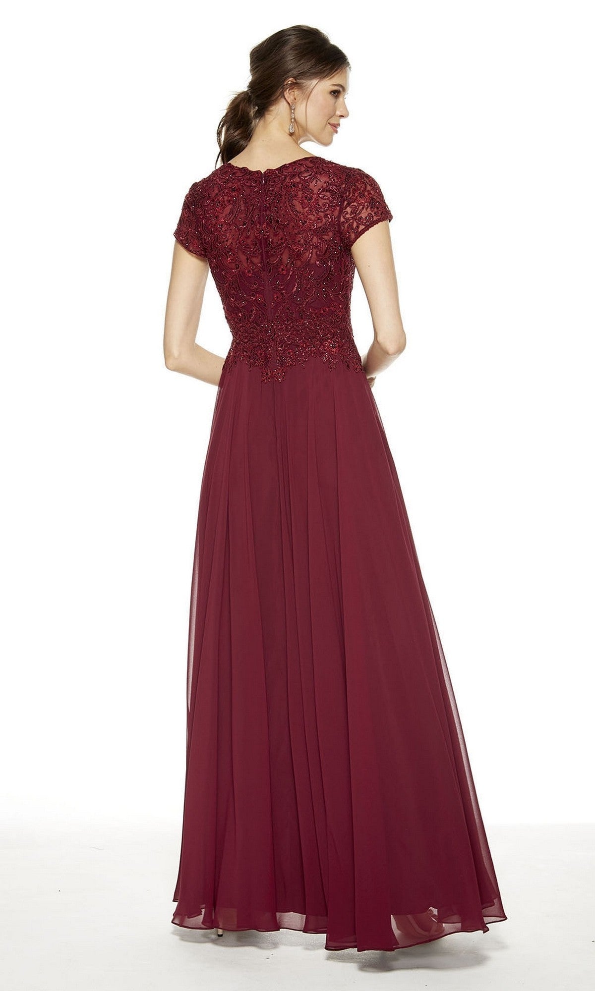 A woman showcases the Alyce 27389 long formal dress, featuring short sleeves, a lace bodice, and a chiffon A-line floor-length skirt in burgundy, viewed from the back against a plain white background.